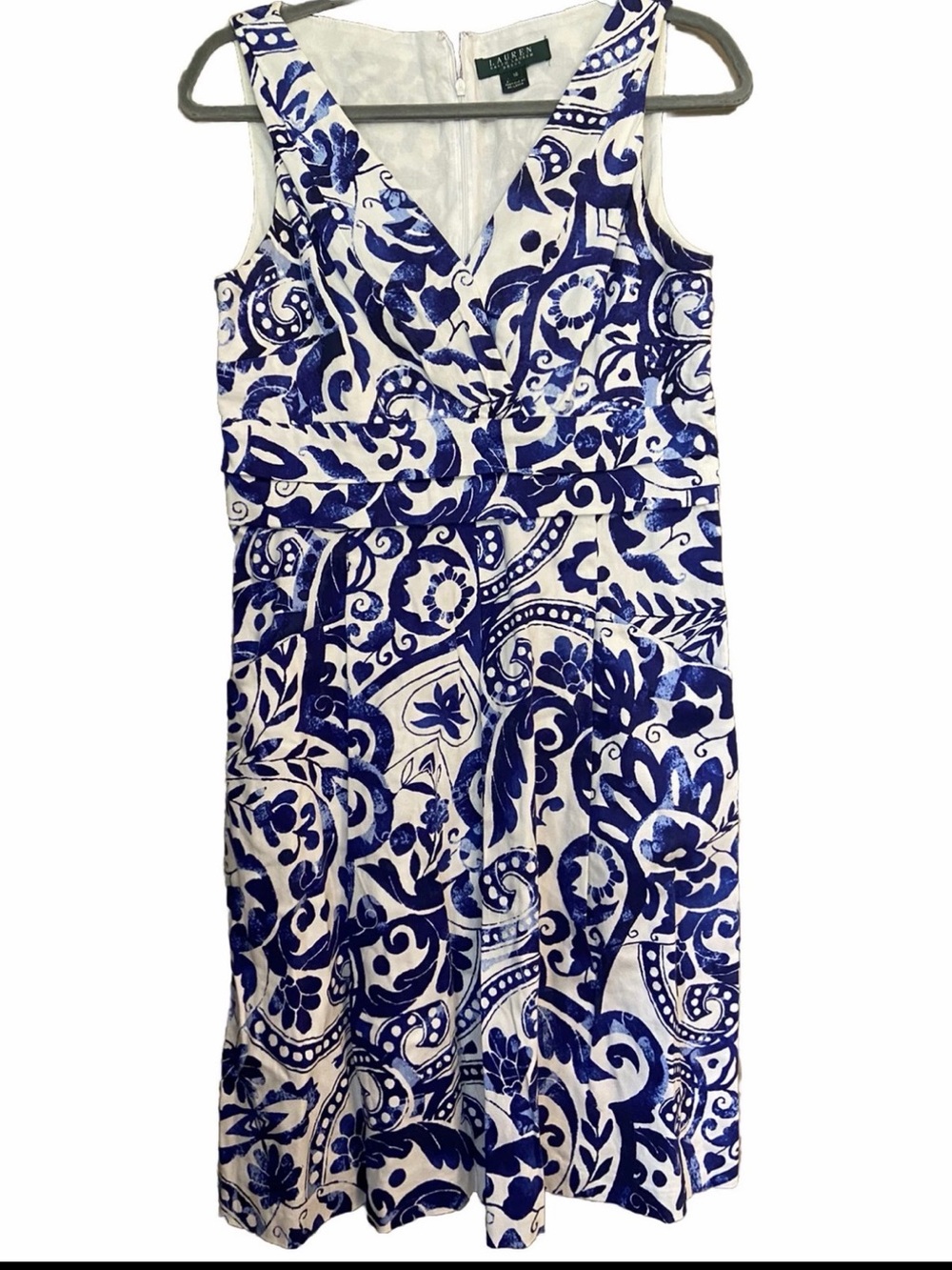 Lauren Ralph Lauren White and Blue V-Neck Printed  Dress size 10